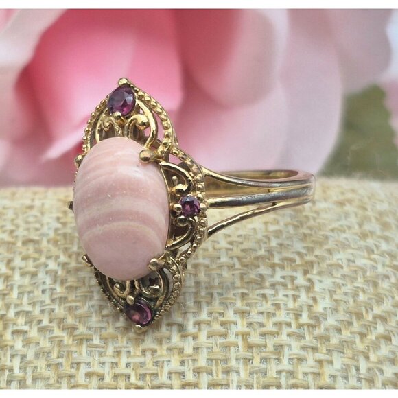Karis STS Gold Tone Cocktail Ring Pink Center Large Size 11.5 Open Works Purple - Picture 3 of 9